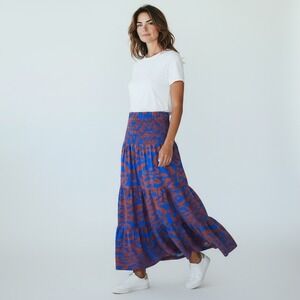 Nine West Tiered Linen Maxi Skirt Smocked Waist XS Boho Peasant Cottage Artsy